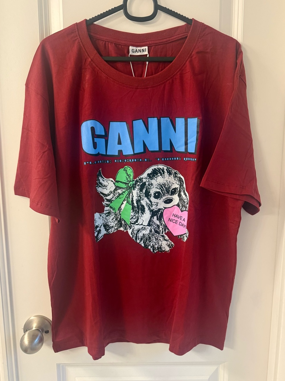 Ganni Red Graphic Dog Tee with Blue Logo